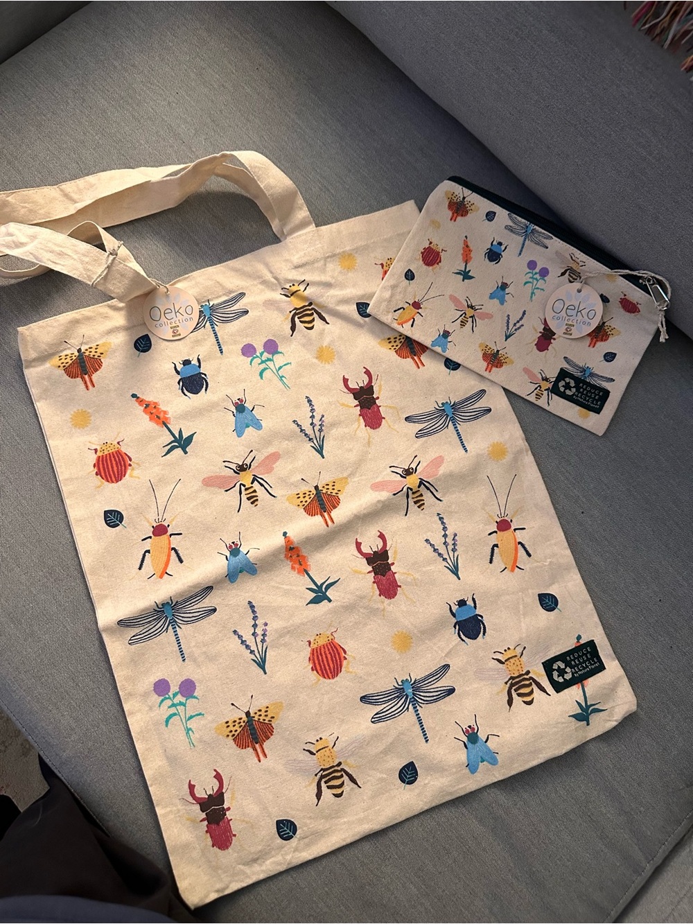 Oeko-Tex Bugs Insect Print Tote Bag and Pouch Set